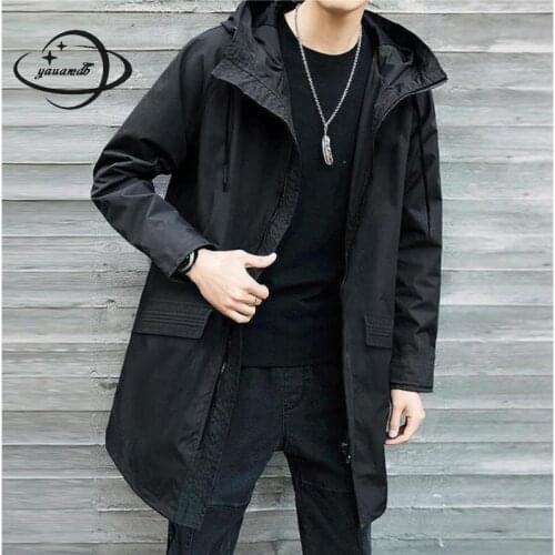 Mens Trench Coat Spring Autumn Male Jacket Overcoat Clothing Long Zipper Hooded Solid Color Breathable Man Windbreaker Clothes75
