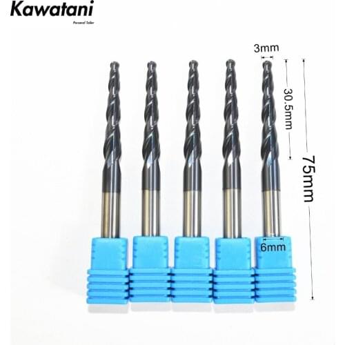 R1.5*D6*30.5*75L-5PCS,CNC solid carbide spherical cone woodworking router bit,2 flutes taper ball nose end mill,mdf,wood,plywood