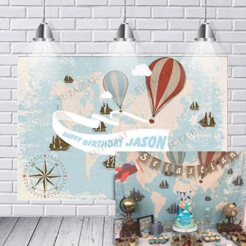 Hot Air Balloon Ribbon World Map Birthday Sailboat Compass Vintage Backdrop Baby Shower Photo Background Photography Props