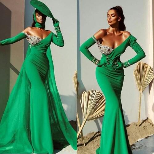 Green Evening Gowns 2020 Crystal Beads Long Sleeve Mermaid Prom Dress Sweep Train Custom Abiti Da Cerimonia