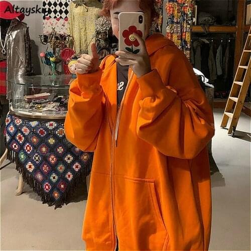 Oversized Hoodies Women Long Sleeve Lady Ulzzang Ins Hooded Letter Clothing Chic Casual Autumn All-match Zip-up 2020 New Student