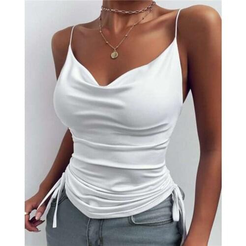 Side Drawstring Sexy Women Camis V Neck Sleeveless Ruched Tops Summer Solid Slim Ladies Streetwear Camisole