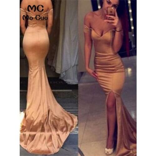 Mermaid Off the Shoulder Evening Prom Dresses Short Sleeves Chapel Train Front Slit Shiny Satin Women Evening Party Dress