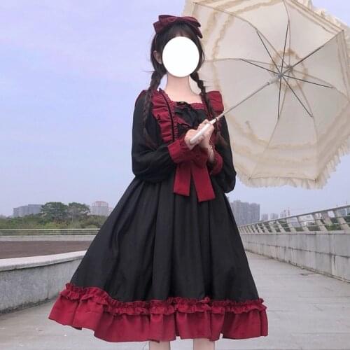 Sweet Womens Lolita OP Dress Dress Square Collar Ruffles Bows Trim Cute One Piece Summer Elegant Dress Red Black