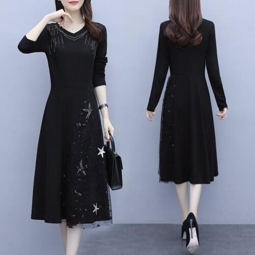 Womens V-Neck Mesh Sequins Dress Autumn Long Sleeve Black Party Cocktail Birthday A-Line Office Ladies Work Wear Dresses Clothes