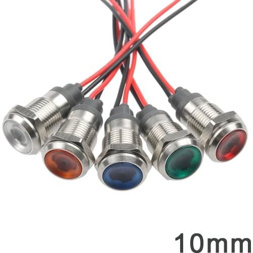 1PC 10mm LED Metal Indicator Light Waterproof Signal Lamp Instruction Dot Light3-6V 12-24V 110-220V Red Yellow Blue Green White