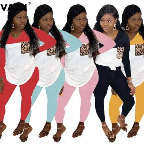 VAZN Casual fashion 2020 early autumn sexy lady 5 colors 2-piece long set full sleeve V-neck leopard pockets tees long pants set