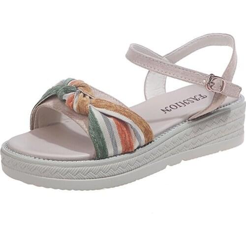 Sweet Bowtie Summer New Style Womens Pu Leather Wedges Heel 4.5CM Open Toe Sandals Platform Sandalis Mujer Piel Buckle Shoes