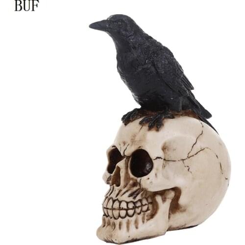 BUF Resin Craft Statues Human Skull Head With Crow Creative Skull Figurines Sculpture Ornament Home Decoration Accessories