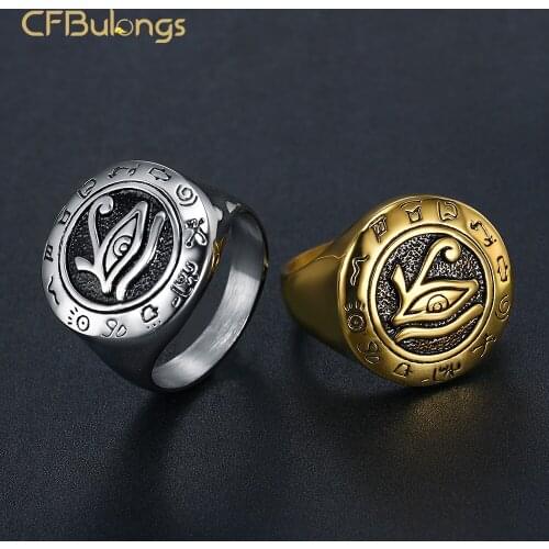 CFBulongs Punk Stainless Steel Egyptian Eye Of Horus Gold Ring Good Lucky Amulet Personality Religious Finger Ring Men Jewelry