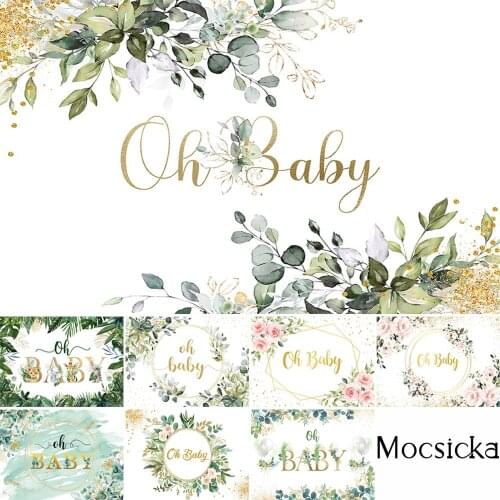 Oh Baby First Birthday Backdrop Green Leaf Glitter Cake Smash Photography Background Newborn 1st Birthday Portrait Photo Studio
