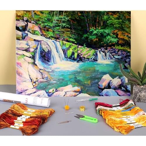 Landscape Waterfall Printed Canvas 11CT Cross Stitch Kit DIY Embroidery DMC Threads Handmade Knitting Sewing Painting Counted