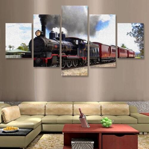 Canvas Painting Steam Train 5 Panel Posters and Prints Decorative Picture Paintings for Living Room Wall