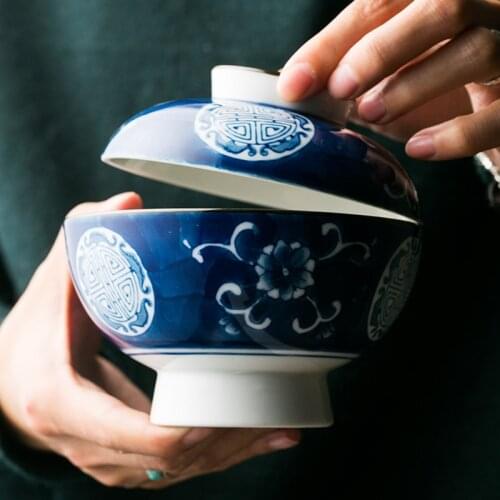 Chinese creative tableware hand painted ceramic bowl with lid rice soup noodle household stew cup cover dinnerware