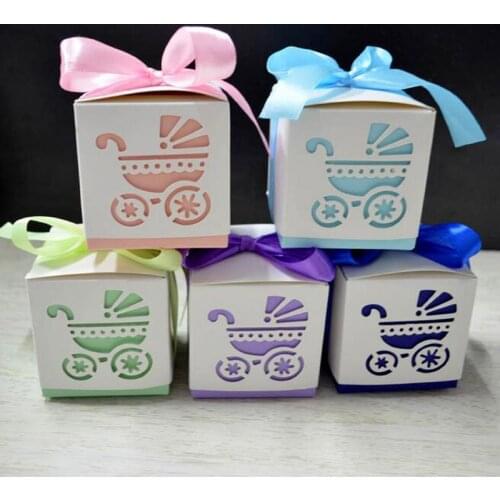 50/100pcs Laser Cut Carriage Box Sweets Candy Boxes Wedding Favors And Gifts With Ribbon Baby Shower Party Decoration Supplies