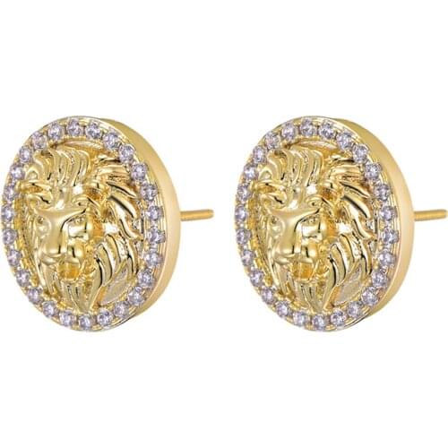 Copper Lion Head Embossment Zircon Earring Stud Gold Color Animal Shape Fashion Jewelry Women Gift