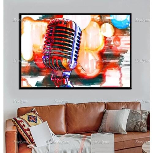 Microphone Oil Painting Posters and Prints on Canvas, Music Studio Wall Art Pictures Decor, Recording Studio Modular Home Decor