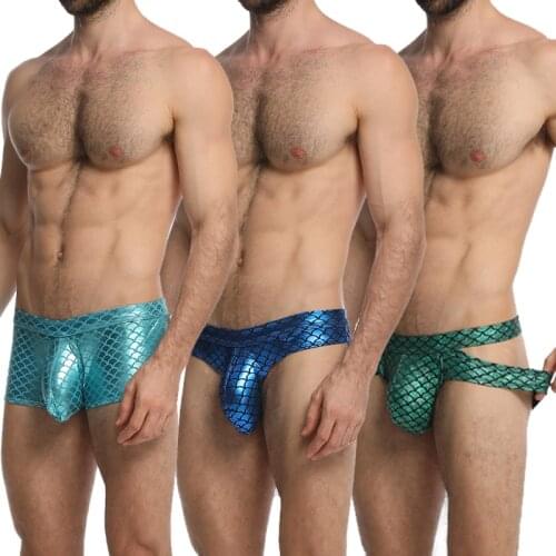 Oxer Mens Sexy Gay Underwear Men Flash PU Panties Slip Homme Boxershorts Sexy Penis Pouch Sex Stage Show Hollow Out Underpants