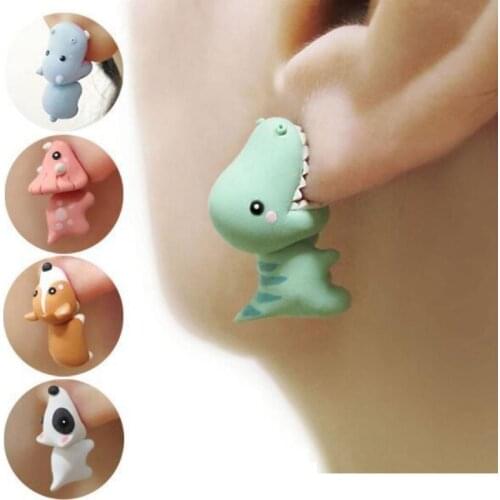 Cute Creative Animal Bite Cartoon Soft Polymer Clay Animal Earrings Tyrannosaurus Bite Dinosaur Fun Jewelry For Women Girls