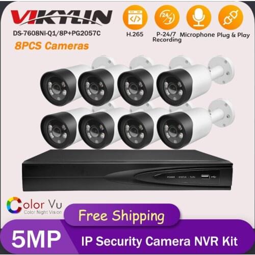 Hikvision Compatible Kits DS-7608NI-Q1/8P 8POE NVR 5MP Full-color IP Camera Bullet POE Built-in MIC 8pcs Plugplay CCTV System