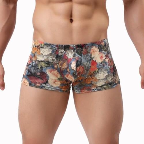 Man Retro Style Breathable Milk Silk Boxer Shorts Classical Flower Print Sexy Tight Male Underwear Low Waist Boxers Underpants