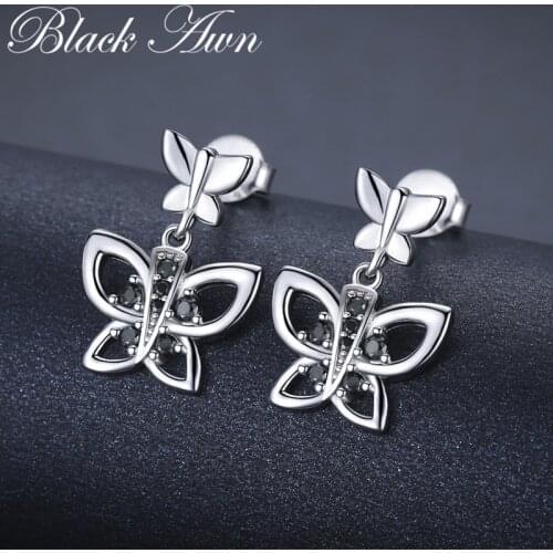 Black Awn Romantic 2.6g 925 Sterling Silver Jewelry Natural Butterfly Black Spinel Party Stud Earrings for Women Bijoux I117
