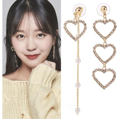 JIOFREE New Korean Charm Pearl Tassel Crystal Love Heart Clip Earrings for Women Fashion Asymmetric Earring Luxury Jewelry