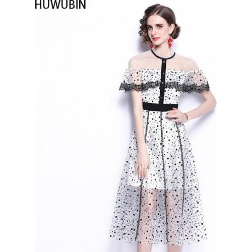 Summer New Style Womens Unique Round Neck European Lace Wave Point Flocking Fashion Temperament Show Thin Stitching Mesh Dress