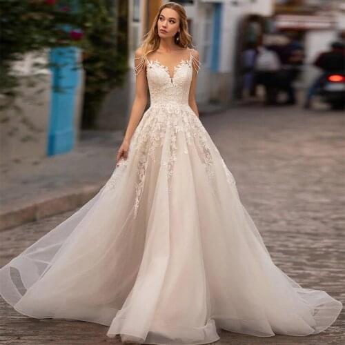 Fast Delivery O-neck Backless A-line Beaded Lace Wedding Dresses Sleeveless vestidos de novia 2021 Bride Dress Robe De Mariee