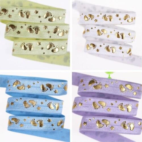4 colors 5/8" gold foil foot print star printed FOE baby feet fold over elastic design for hair accessory
