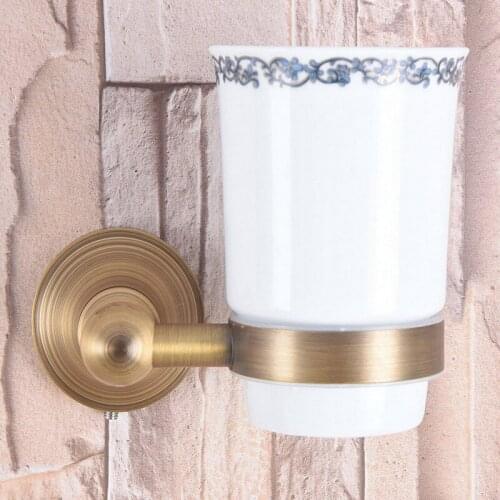 Antique Brass Single Toothbrush Holder With Ceramic Flower Cup Wall Mounted Bathroom Accessories aba166