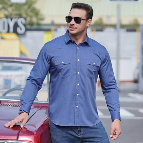 Brand Mens Washed Denim Shirt Spring Autumn Long Sleeve Retro Flip Pocket Design Loose Casual Shirt Male Plus Size 8XL 9XL 10XL