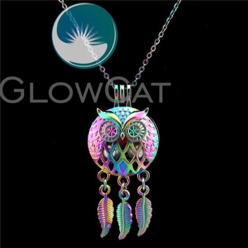 C707 Rainbow Owl Dreamcatcher Beads Cage Essential Oil Diffuser Aromatherapy Pearl Cage Locket Necklace Women Girl Gift