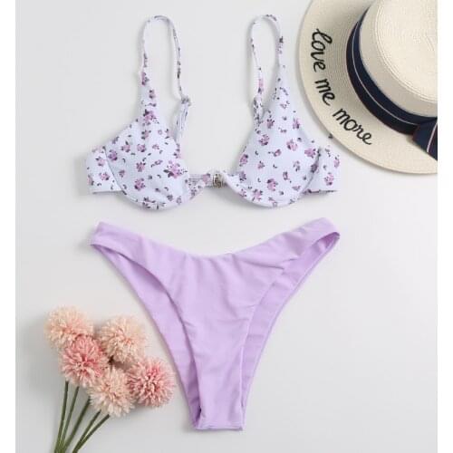 Floral Print Biquini Deep V Neck Swimsuit Women Bikini High Cut Bikinis 2021 Swimwear Push Up Bikini Set Bathing Suit Women