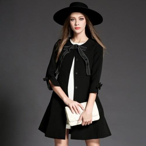 Elegant trench coat for women european style 2019 autumn high quality single breasted cute bow o-neck A-Line windbreaker
