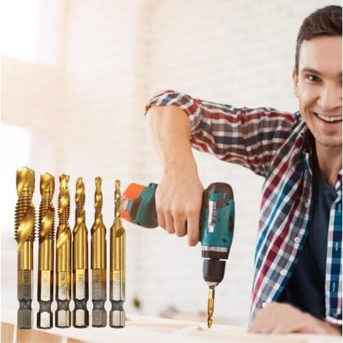 M3-M10 6PCS Composite Tap Drill Bit Set 1/4'' Hex HSS Thread Spiral Screw Metric Composite Tap Drill Bit Tap Hand Tool