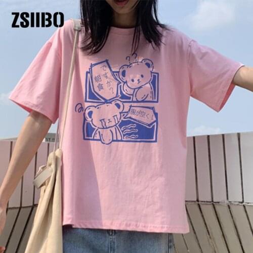 Japanese anime cute cartoon bear print tees Summer loose Harajuku fashion loose ins big size short sleeve Ulzzang women T-shirt