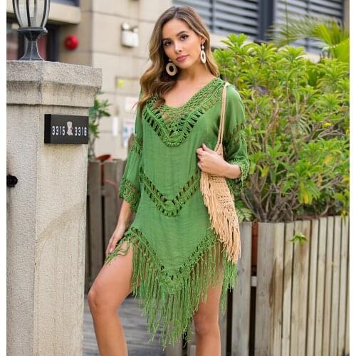 Happie Queens women solid half sleeve beach tassel loose Bohemian mini dress Ladies v-neck Boho sundress vestidos