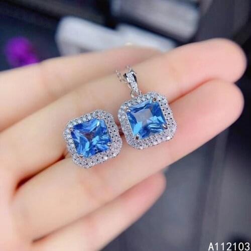 KJJEAXCMY fine jewelry 925 sterling silver inlaid Natural Swiss Blue Topaz girl exquisite ring pendant square gem set support rt