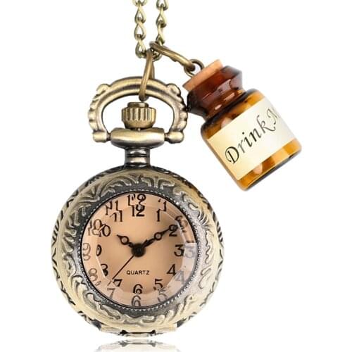 Small Pocket Watch Alice in Wonderland Drink Me Necklace Pendant with Bottle Birthday Gifts for Women Girl Watches Drop Shipping