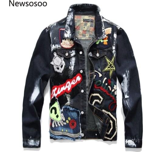 Fashion Denim Jacket Badge Paint Decoration Long-sleeved Jacket Single-breasted Casual Cool Running Denim Coat Plus Size Clothes