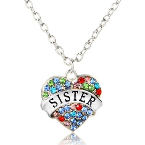 Fashion Colorful Crystal Heart Sister Sis Pendant Necklace Jewelry Charm Accessory Choker Shiny Family Party Girl Gift Collar