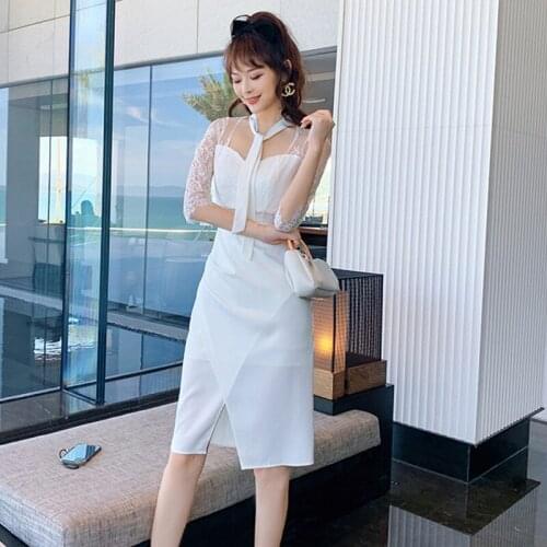 Fashion Vintage Sexy Lace Perspective Midi Party Dress Ladies Elegant Casual Chic Square Collar Satin Female White Split Dress