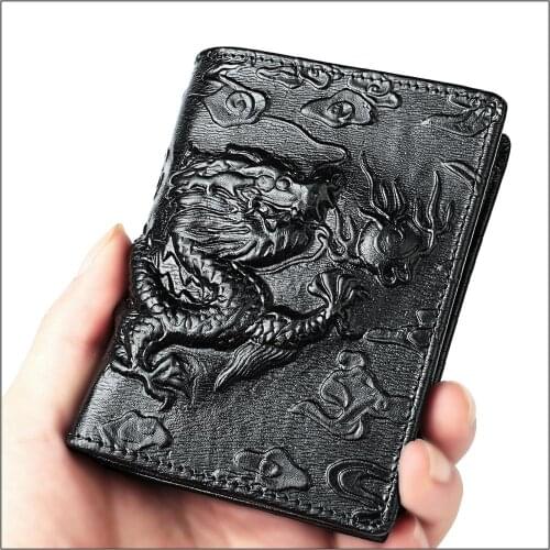 Chinese Dragon Wallet Vintage Genuine Leather Mens Short Wallets Unique Tiger Crocodile Flower Pattern Folding RFID Card Holder