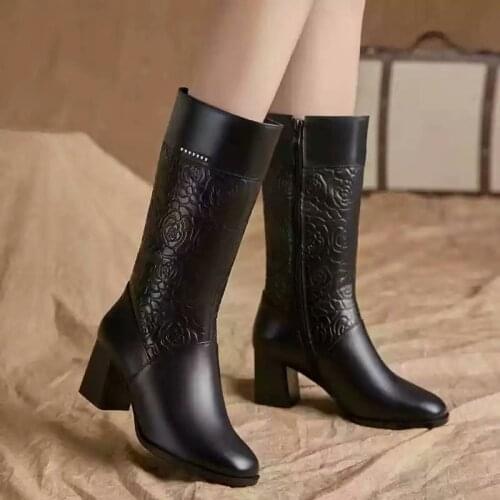Autumn Winter PU Leather Women Mid-calf Boots Round Toe Boots Women Long Chunky Block High Heel Boots Cowboy Boots for Women