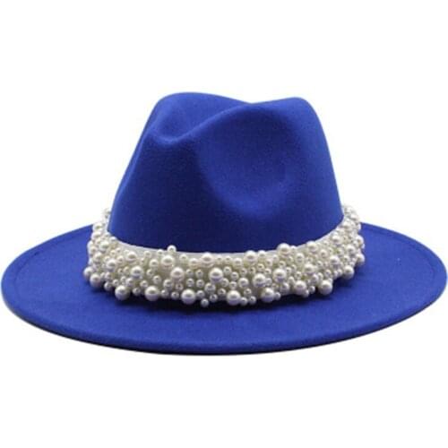 Richkeda Store New 2021 Women Hats Winter Wide Brim Band Belt Pearl Luxury Brand Jazz Caps Formal Church Winter Women Hats