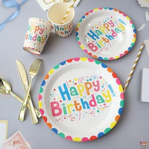 Happy Birthday Party Plate Dish Cup Round Fruit Paper Trays for Colorful Disposable Cutlery Tableware