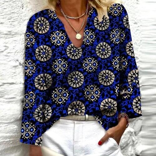 Vintage Pattern Printed Women Blouses Boho Shirts Spring Elegant V Neck Office Lady Top Autumn Long Sleeve Loose Blusas Pullover
