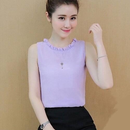 Women Spring Summer Style Chiffon Blouses Shirts Lady Casual Sleeveless O-Neck Slim Blusas Tops DD2494