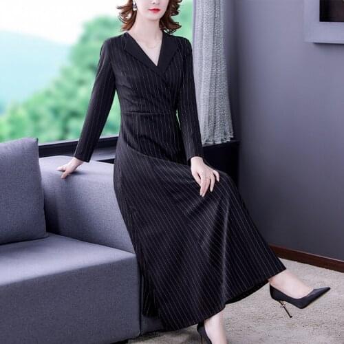 Autumn Vintage Black Striped Bodycon Maxi Dresses Spring Casual Office Lady V-Neck Midi Dress 2021 Women Elegant Party Vestidos